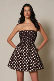 Dark Brown Satin A Line Strapless Short Polka Dots Dress