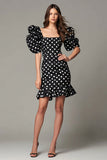 Black and White Satin Bodycon Square Neck Puff Sleeves Short Polka Dots Dress