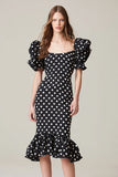 Black and White Satin Square Neck Midi Polka Dots Dress with Ruffles