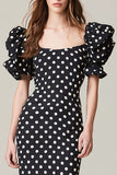 Black and White Satin Square Neck Midi Polka Dots Dress with Ruffles
