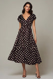 Dark Brown Satin A Line V-Neck Tea Length Polka Dots Dress