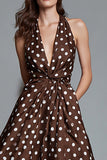 Brown A Line Halter Midi Polka Dots Dress