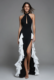 Black White Keyhole Satin Sheath Formal Dress with Ruffles