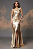 Sparkly Golden One Shoulder Ruched Sheath Prom Dress with Slit