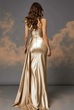Sparkly Golden One Shoulder Ruched Sheath Prom Dress with Slit