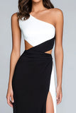 Black and White Satin Long One Shoulder Formal Dress with Slit