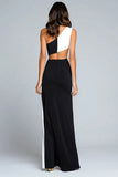 Black and White Satin Long One Shoulder Formal Dress with Slit