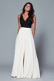 Black and White A Line V-Neck Maxi Formal Dress