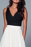 Black and White A Line V-Neck Maxi Formal Dress