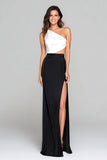 Black and White Sheath One Shoulder Maxi Formal Dress with Slit