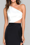 Black and White Sheath One Shoulder Maxi Formal Dress with Slit