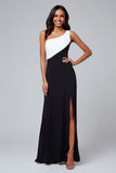 Black and White Patchwork Long One Shoulder Formal Dress with Slit