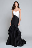 Black and White Patchwork Mermaid Maxi Formal Dress with Ruffles