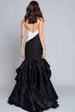 Black and White Patchwork Mermaid Maxi Formal Dress with Ruffles