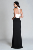 Black and White Halter Mermaid Long Formal Dress with Slit