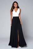 Black and White A Line Maxi V-Neck Formal Dress with Slit