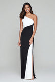 Black and White Patchwork One Shoulder Long Formal Dress with Slit
