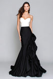 Black and White Mermaid Ruffled Satin Maxi Formal Dress