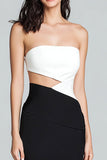 Black and White Strapless Cut Out Long Satin Formal Dress with Slit