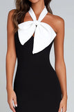 Black and White Mermaid Satin Maxi Formal Dress with Bow