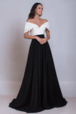 Black and White Off the Shoulder Maxi Satin Formal Dress