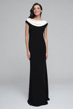 Black and White Boat Neck Sheath Satin Long Formal Dress