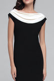 Black and White Boat Neck Sheath Satin Long Formal Dress