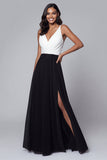 Black and White A Line Ruched V-Neck Long Formal Dress with Slit