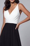 Black and White A Line Ruched V-Neck Long Formal Dress with Slit