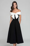 Black and White A Line Off the Shoulder Maxi Formal Dress with Bow