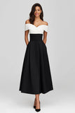 Black and White Off the Shoulder A Line Maxi Formal Dress