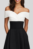 Black and White Off the Shoulder A Line Maxi Formal Dress