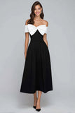 Black and White A Line Off the Shoulder Tea Length Formal Dress with Bow