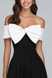 Black and White A Line Off the Shoulder Tea Length Formal Dress with Bow
