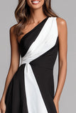 Black and White Sheath One Shoulder Ruched Long Formal Dress