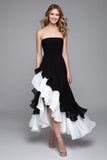 Black and White Strapless A Line Ruffled Maxi Formal Dress with Slit