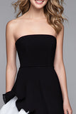 Black and White Strapless A Line Ruffled Maxi Formal Dress with Slit