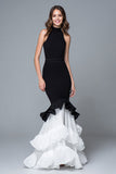 Black and White Ruffled Mermaid High Neck Long Formal Dress
