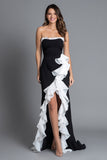Black and White Mermaid Ruffled Strapless Maxi Formal Dress with Slit