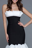 Black and White Strapless Ruffled Mermaid Long Formal Dress