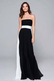 Black and White Strapless Sheath Ruched Maxi Formal Dress