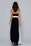 Black and White Strapless Sheath Ruched Maxi Formal Dress