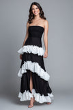 Black and White Sheath Ruffled Strapless Maxi Formal Dress with Slit