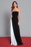 Black and White Sheath Strapless Long Ruched Formal Dress