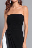 Black and White Sheath Strapless Long Ruched Formal Dress