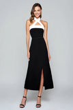 Black and White Sheath Tea Length Halter Formal Dress with Slit