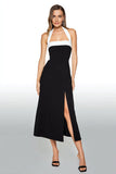 Black and White Halter Sheath Tea Length Formal Dress with Slit
