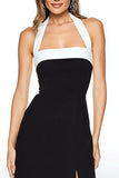 Black and White Halter Sheath Tea Length Formal Dress with Slit