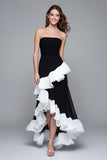 Black and White Sheath Strapless Ruffled Long Formal Dress