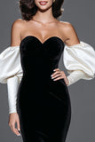 Black and White Sweetheart Velvet Mermaid Long Formal Dress with Sleeves